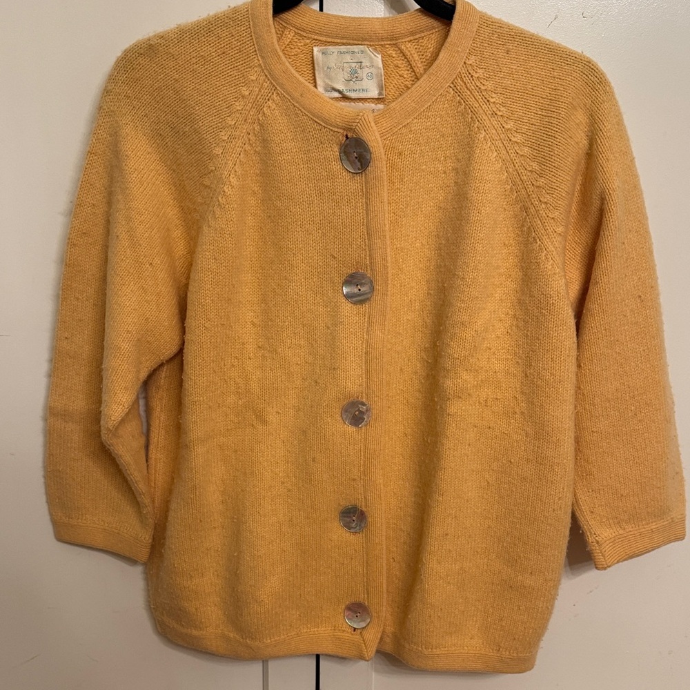 Vintage cashmere Women's Mustard Cardigan Sweater with abalone buttons